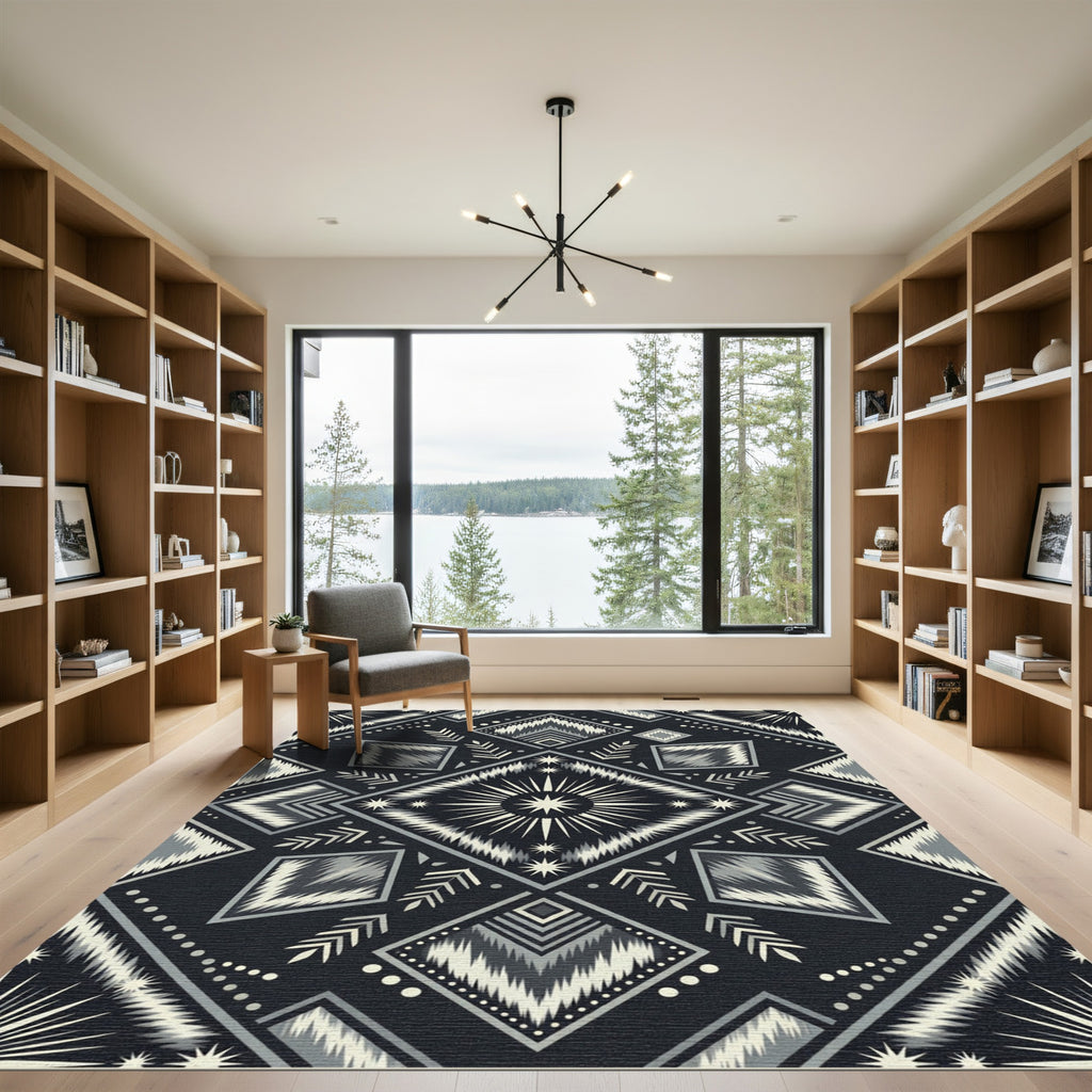 Bold Black Geometric Tribal Star Rug
