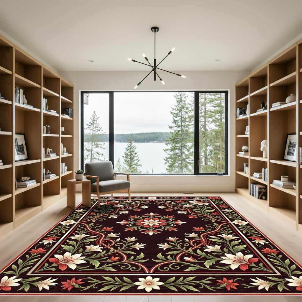 Crimson White Floral Vine Medallion Rug