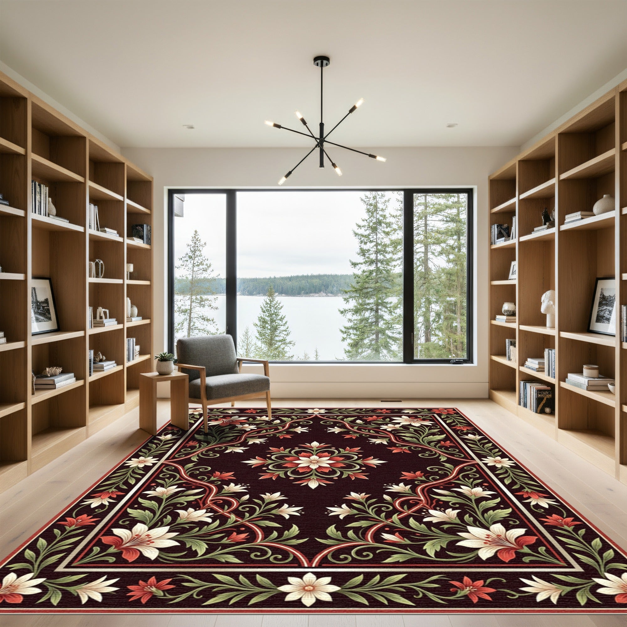 Crimson White Floral Vine Medallion Rug