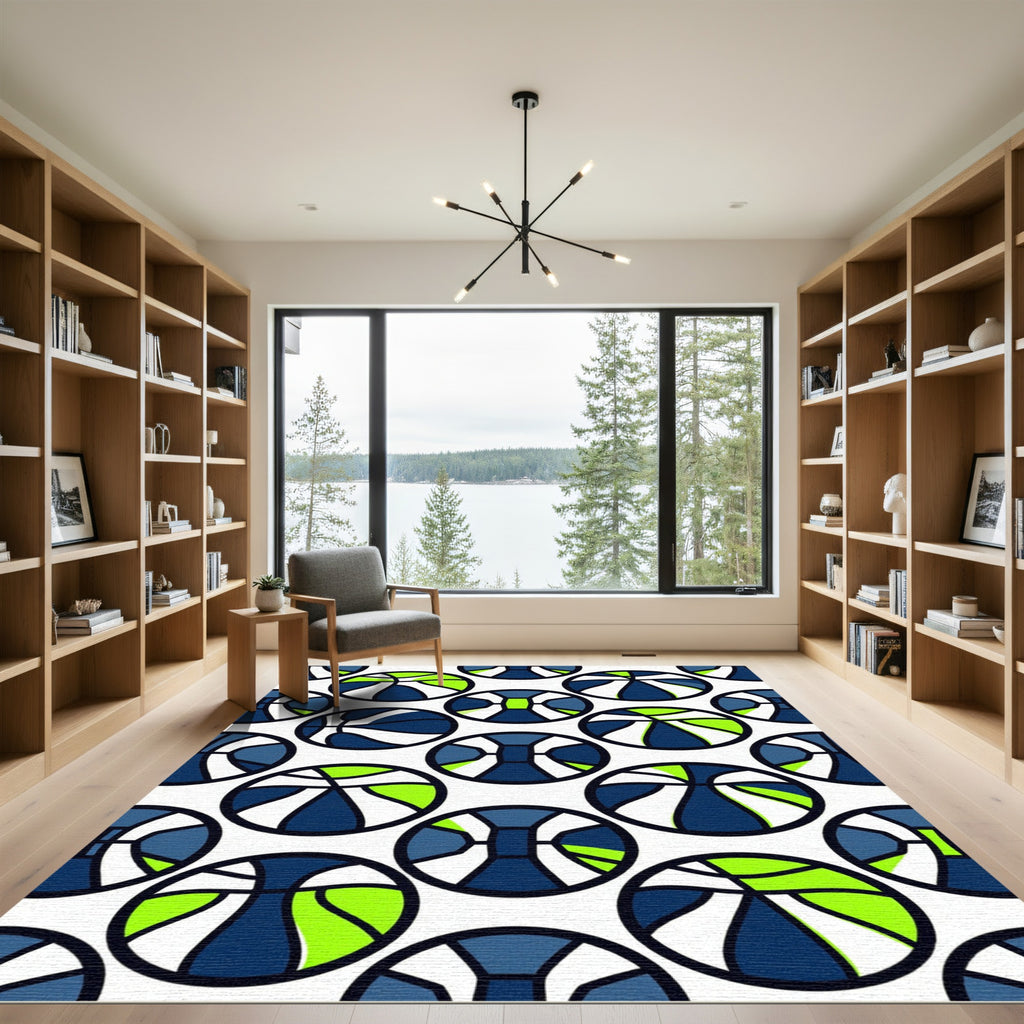 Modern Blue and Lime Geometric Basketball Rug