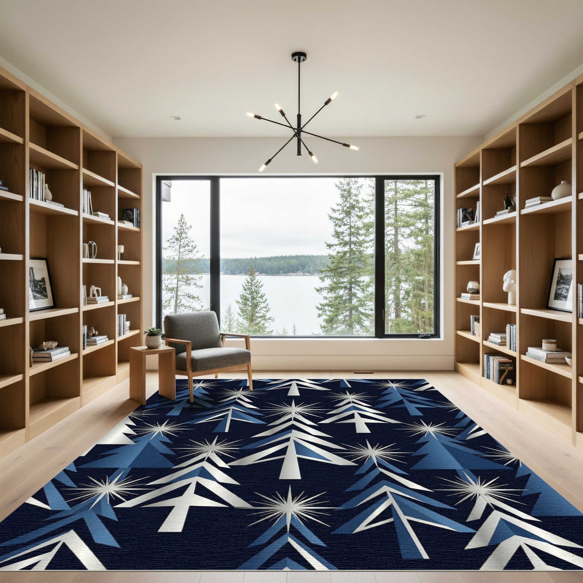 Modern Navy Blue Starry Winter Pine Rug