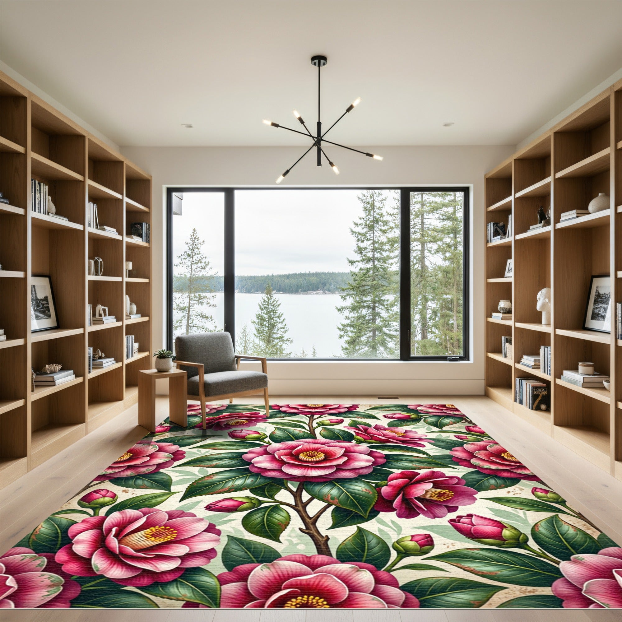 Romantic Pink Camellia Botanical Blossom Rug