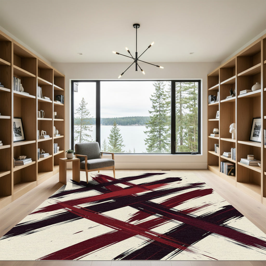 Bold Crimson Black Abstract Brushstroke Rug