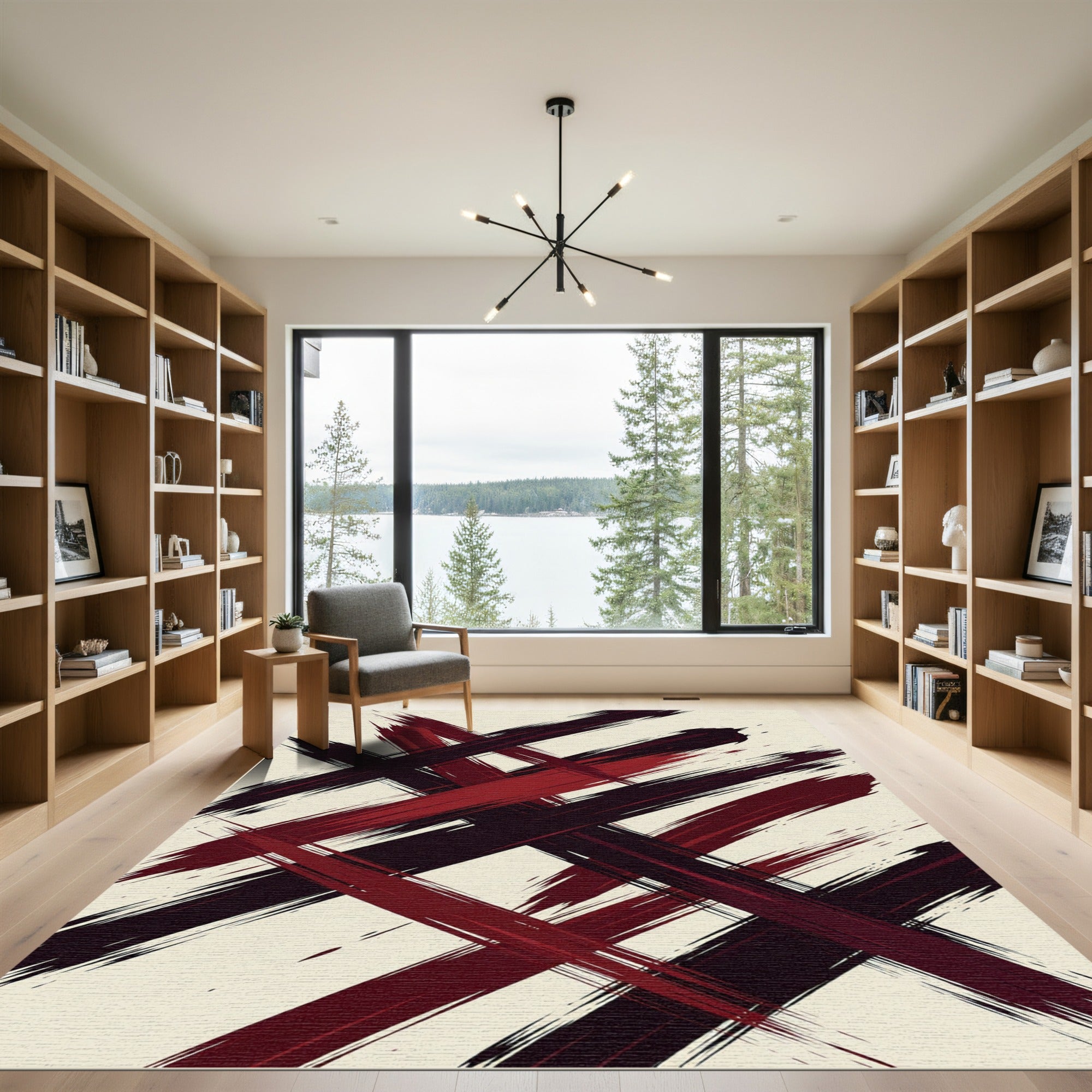 Bold Crimson Black Abstract Brushstroke Rug