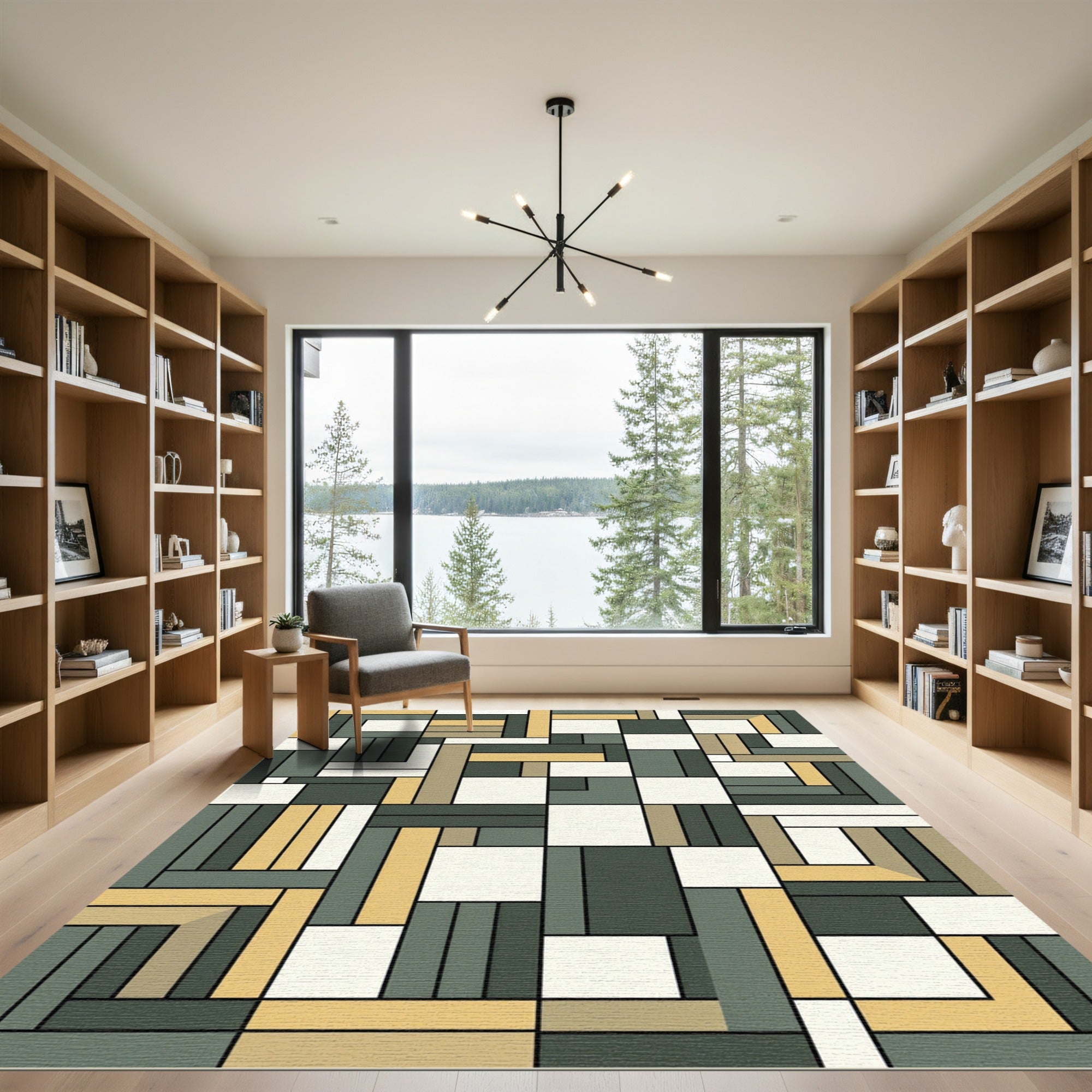 Modern Geometric Mustard Grey Layout Rug