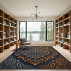 Elegant Silver and Gold Ornate Medallion Rug
