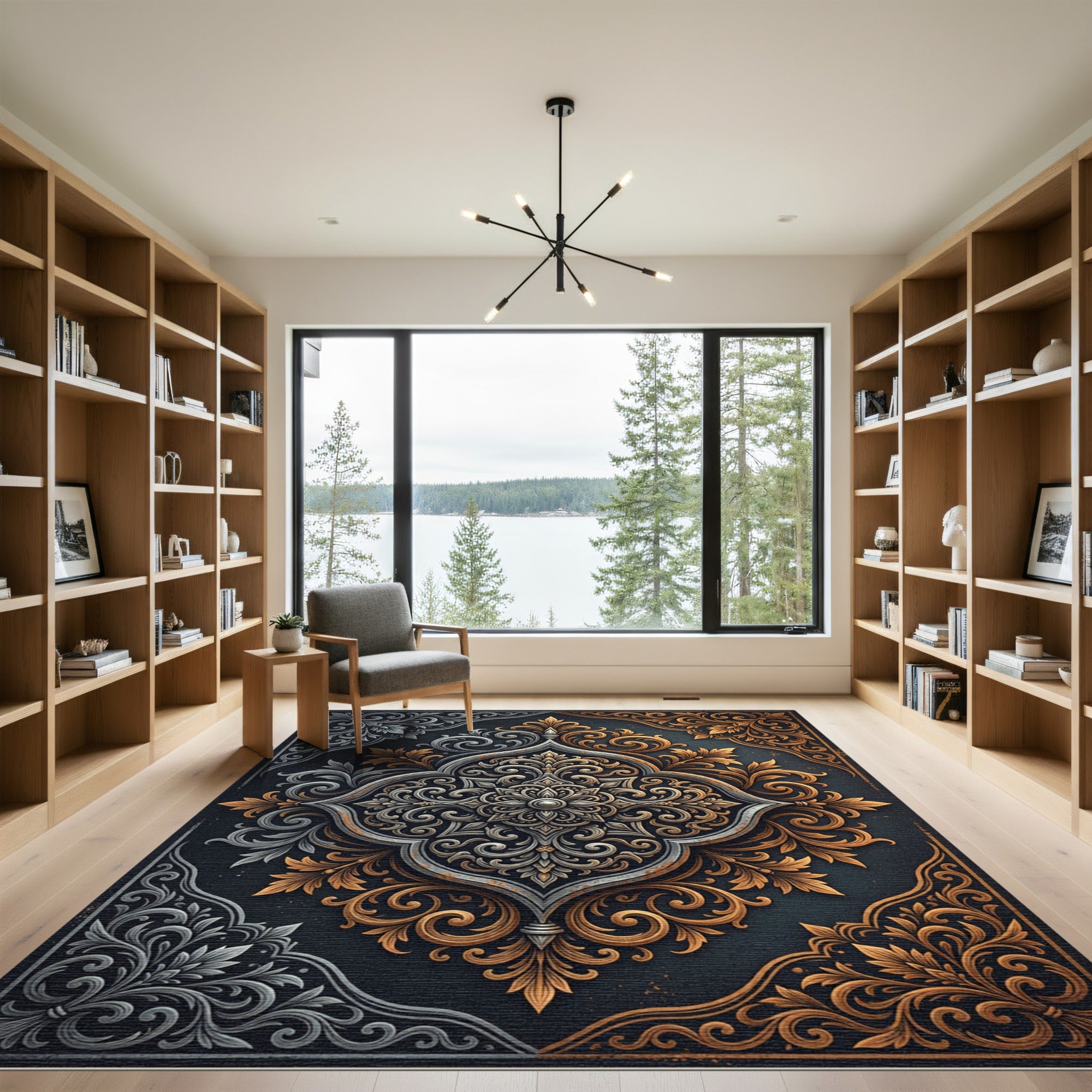 Elegant Silver and Gold Ornate Medallion Rug
