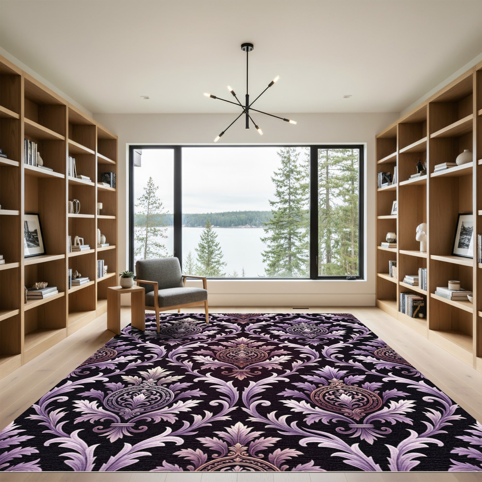 Lavender Violet Damask Scroll Work Rug