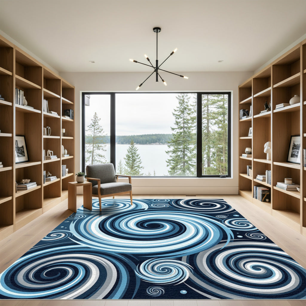 Ethereal Navy Swirling Ocean Whirlpool Rug