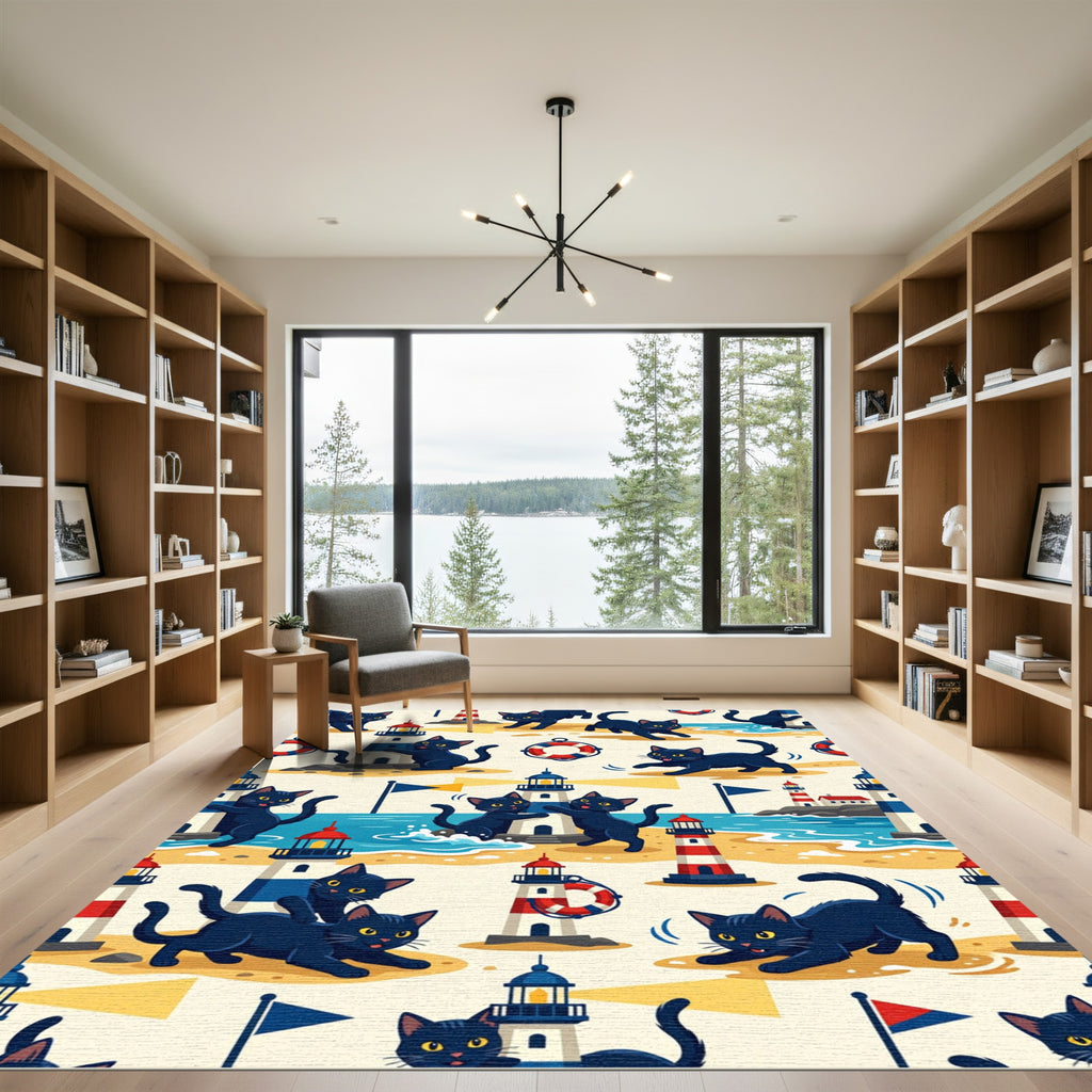 Black Cats Lighthouses Nautical Beach Scene Rug