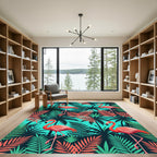 Vibrant Flamingo Tropical Teal Foliage Rug