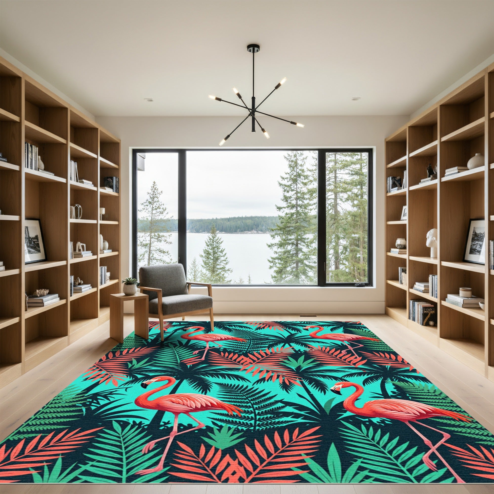 Vibrant Flamingo Tropical Teal Foliage Rug