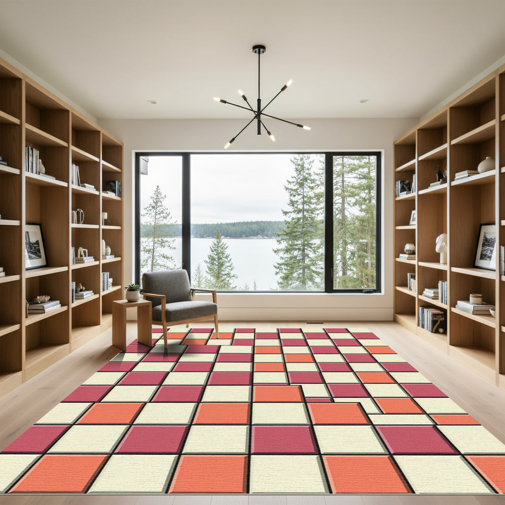 Modern Geometric Crimson Coral Grid Rug