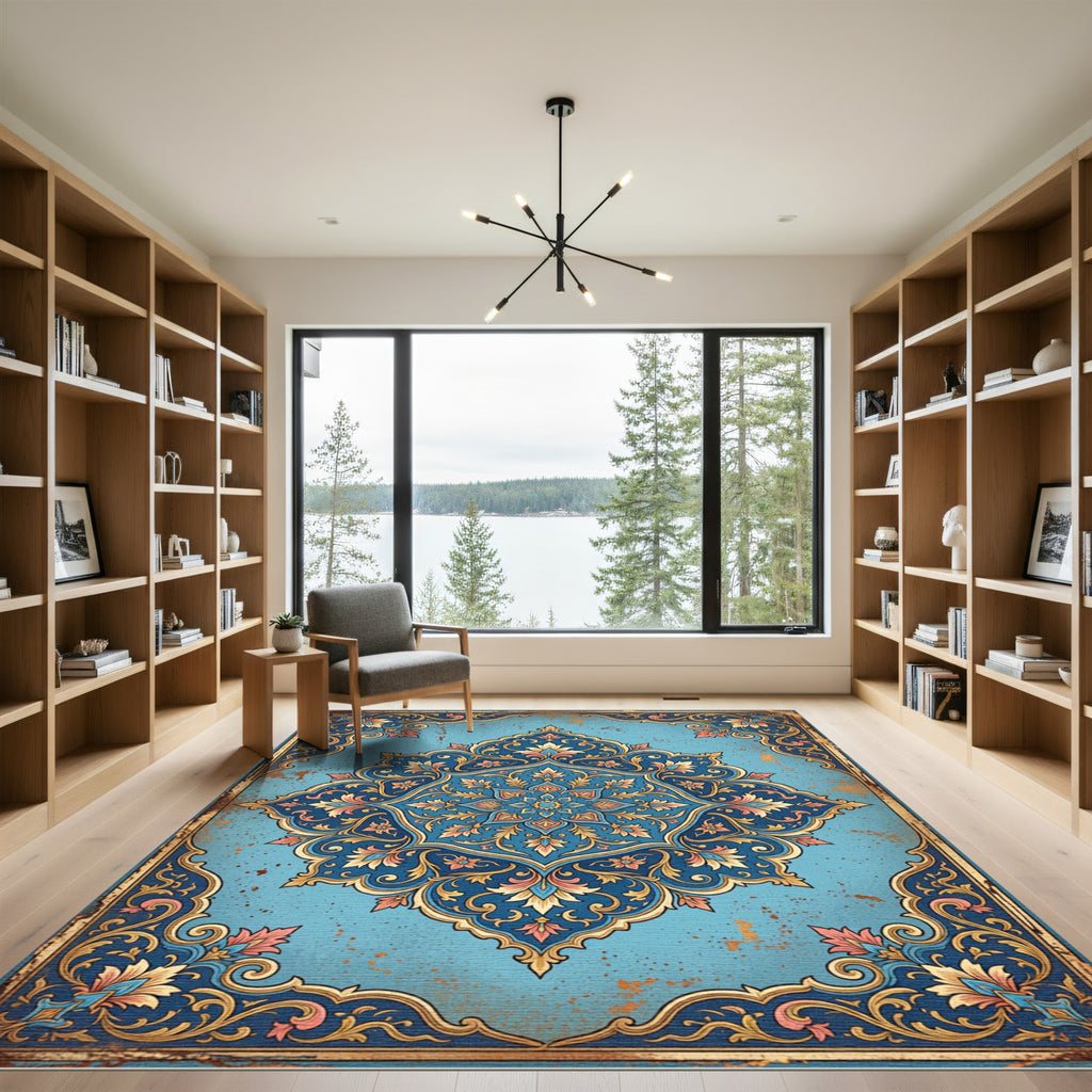 Intricate Azure Floral Medallion Scroll Rug