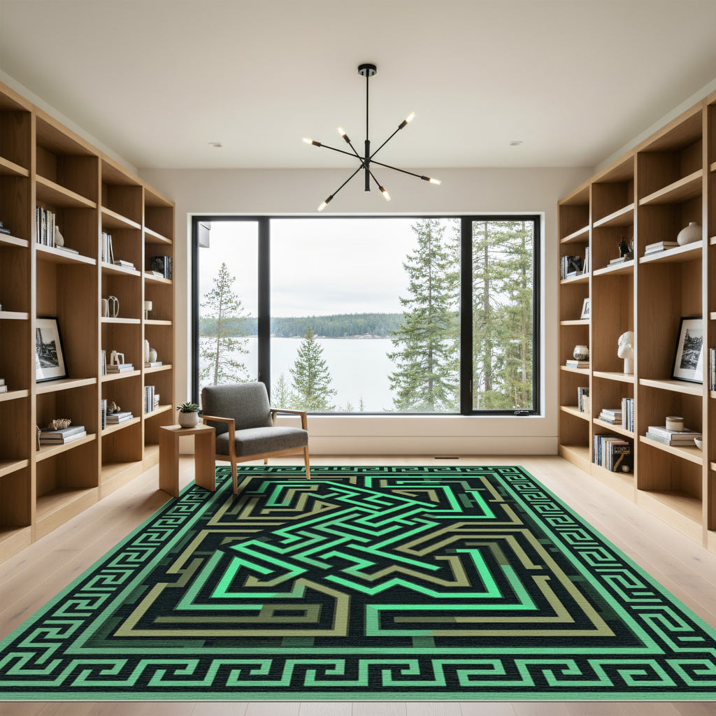 Luminous Emerald Greek Key Maze Rug