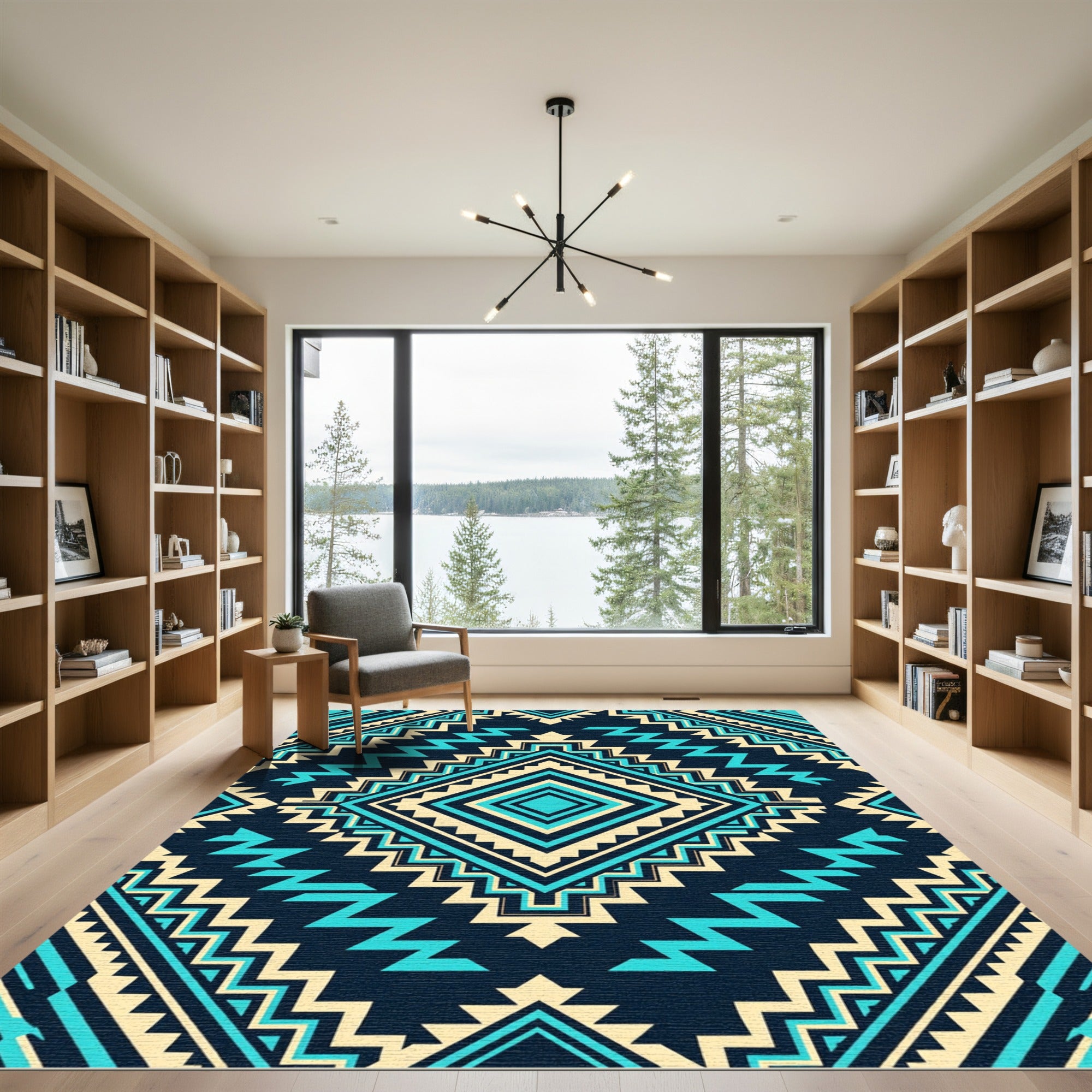 Teal and Cream Geometric Aztec Diamond Rug