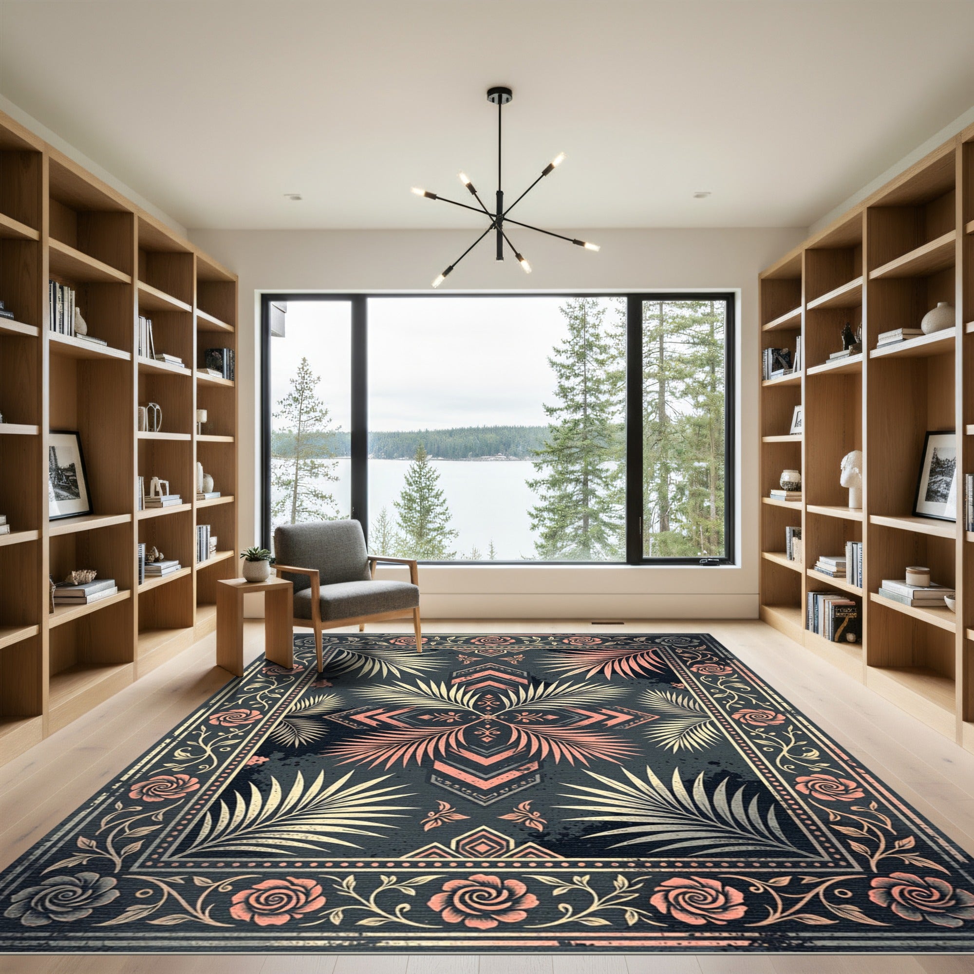 Coral Rose Palm Leaf Damask Square Rug