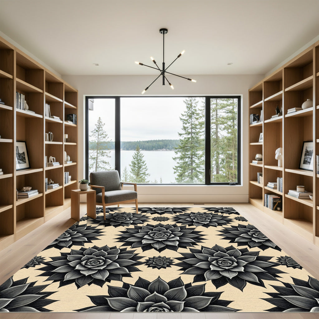 Black Succulent Floral Pattern Rug