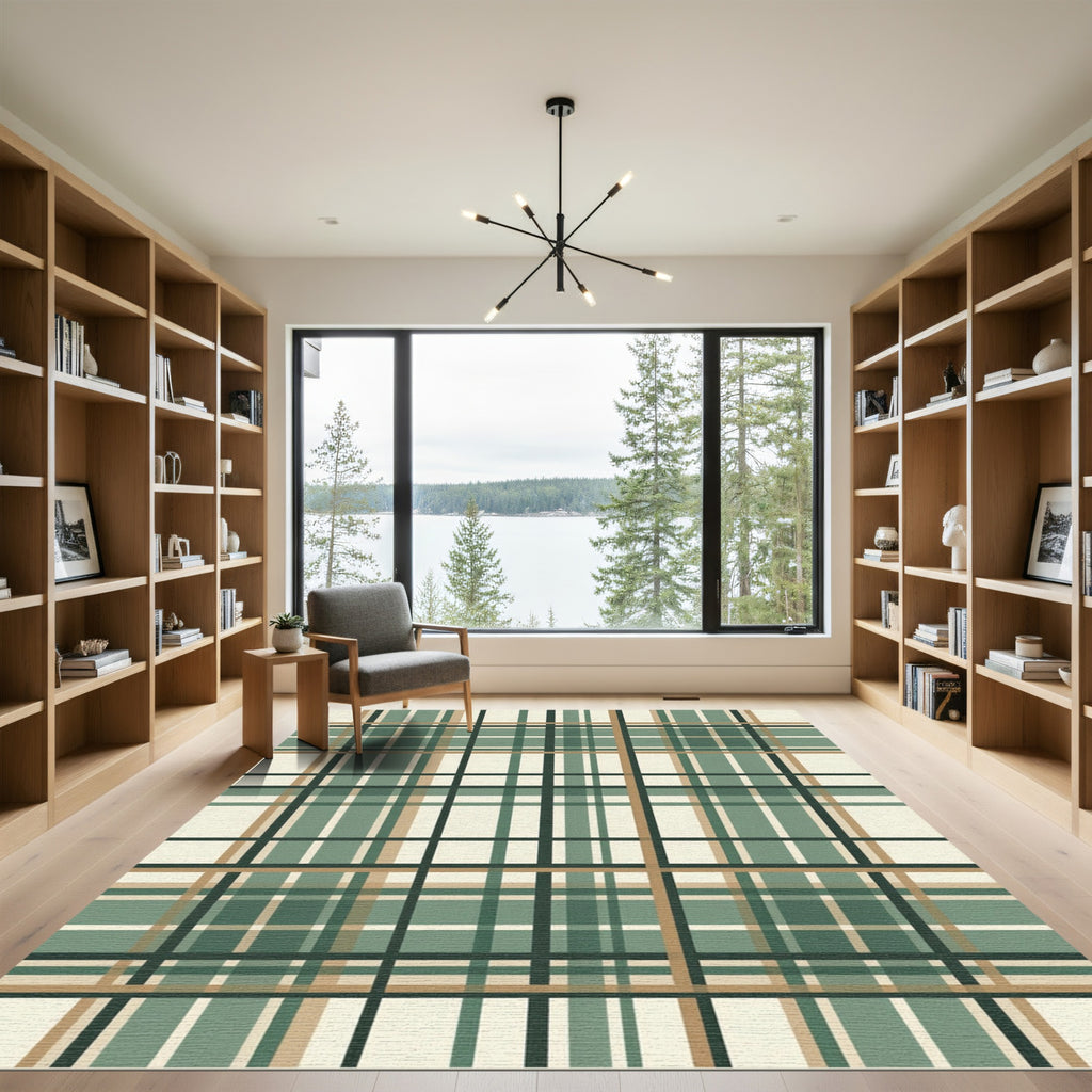Sage Green and Tan Plaid Grid Rug