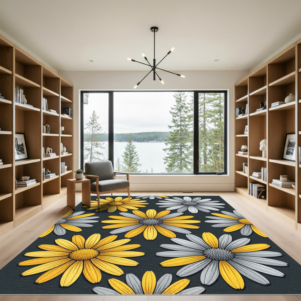 Yellow and Gray Daisy Floral Meadow Rug