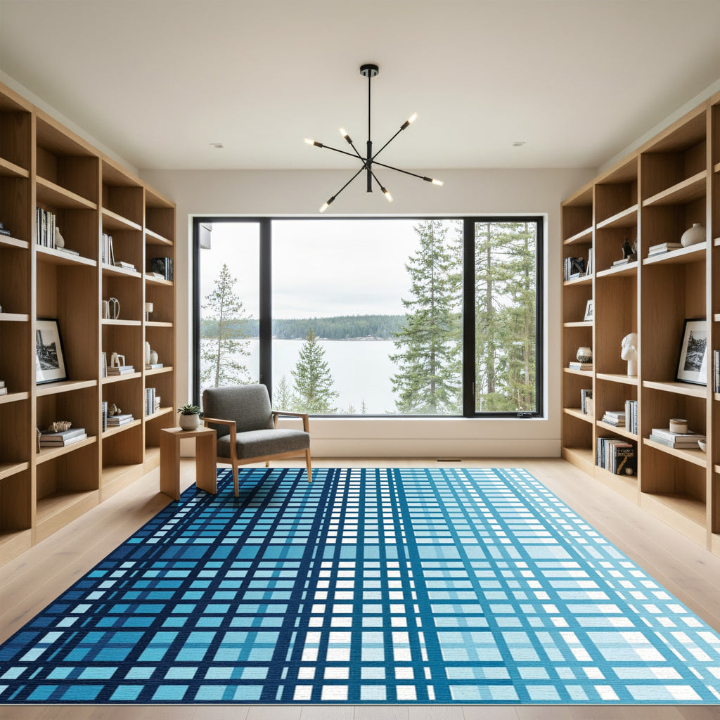 Modern Indigo Grid Gradient Mesh Rug
