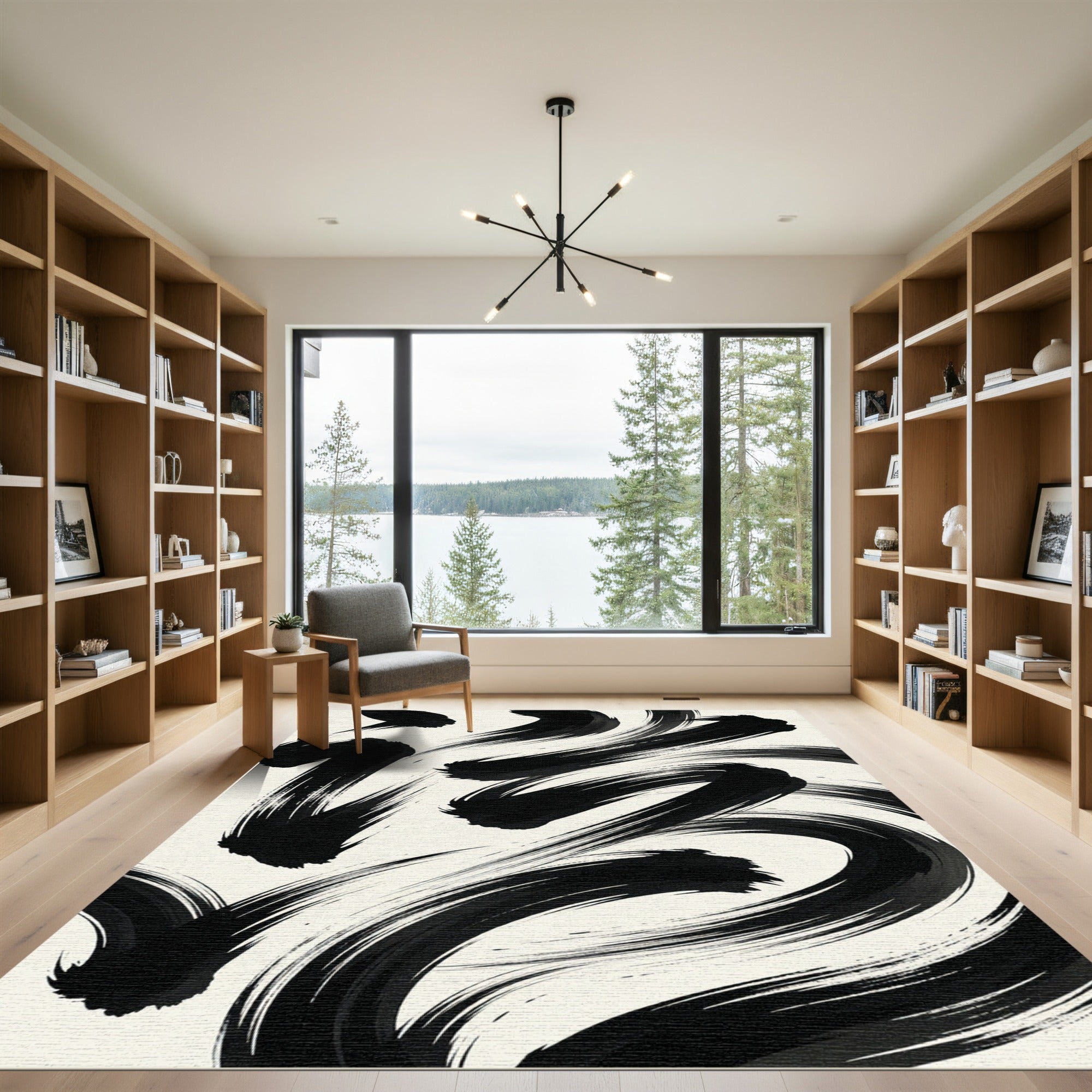 Modern Black Ink Abstract Swirl Rug