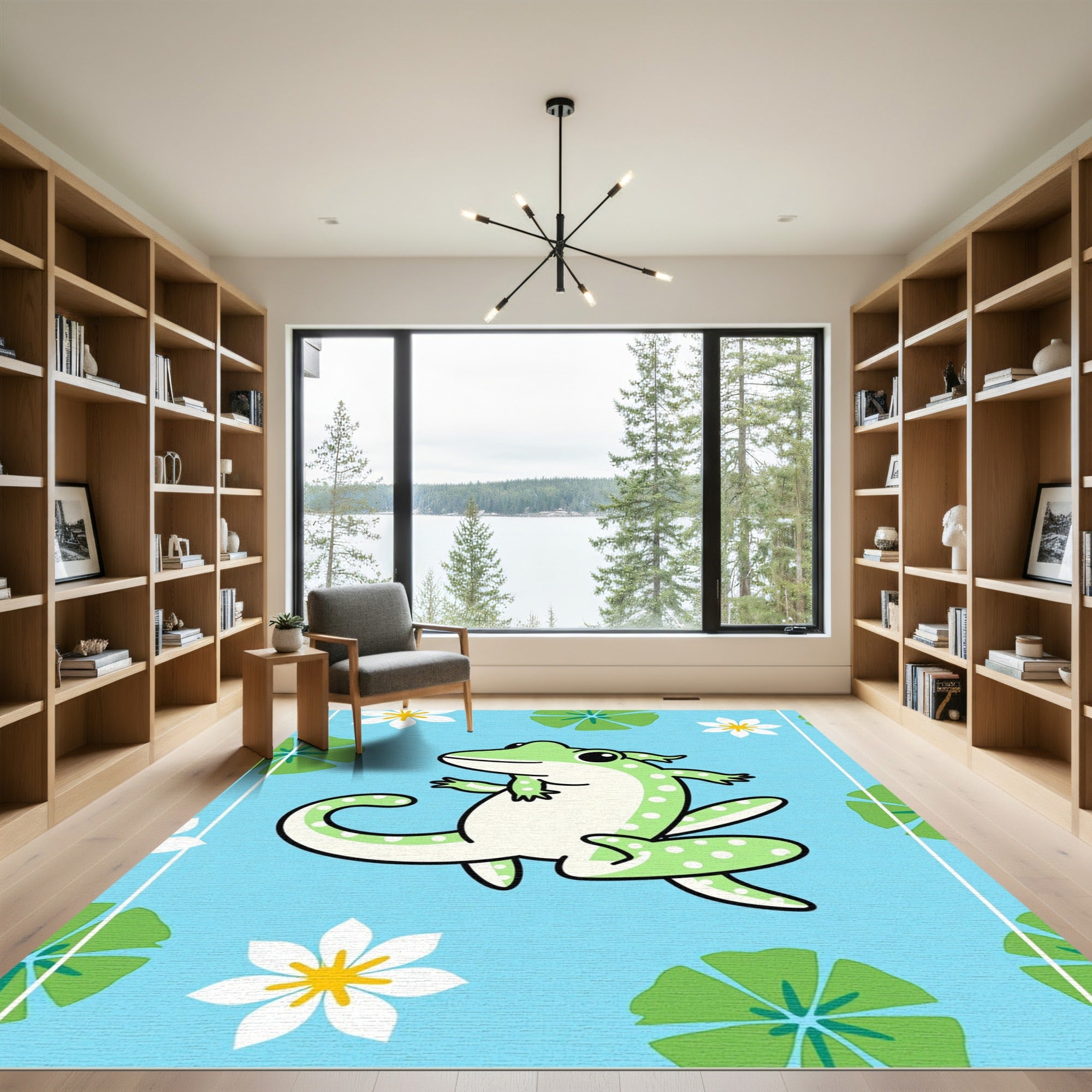 Playful Green Frog Lily Pad Garden Rug