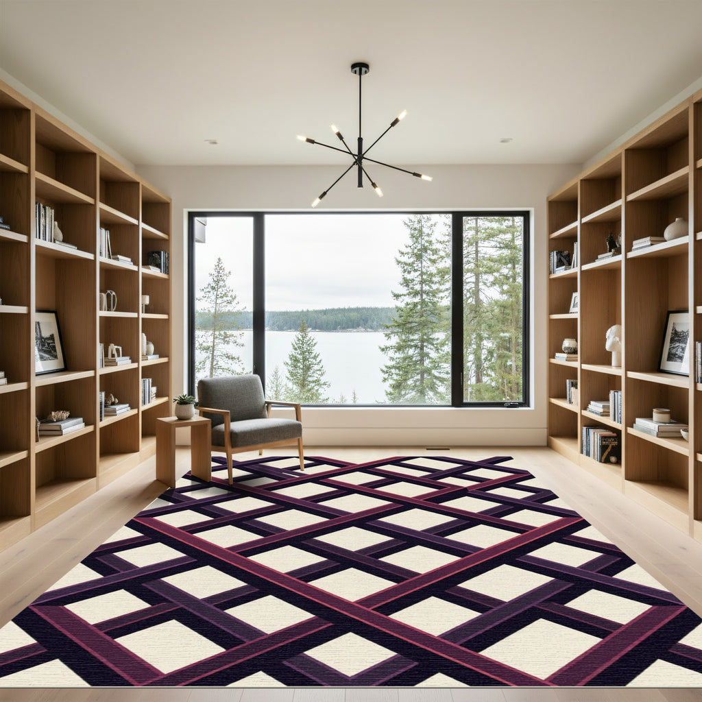 Modern Crimson Black Geometric Grid Rug