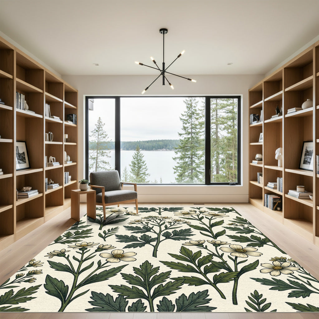 Vintage Botanical Green White Wildflower Meadow Rug