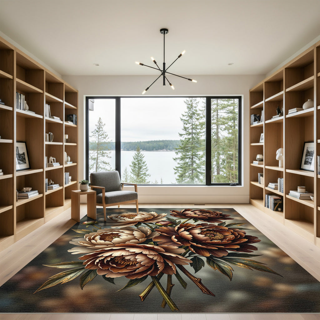 Rich Earthy Tone Peony Bouquet Rug