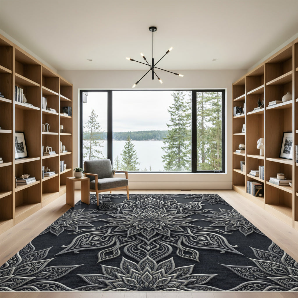Elegant Silver Floral Filigree Medallion Rug