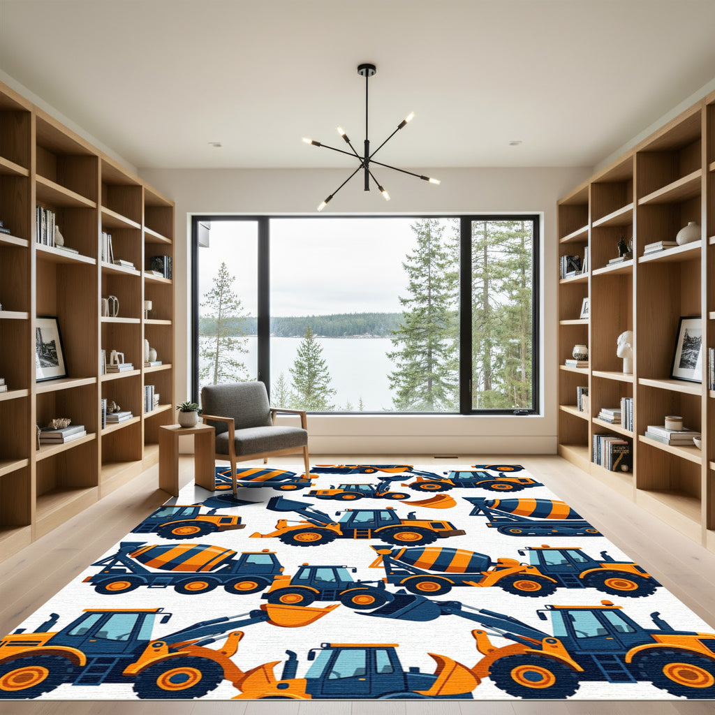 Blue and Orange Construction Vehicles Rug