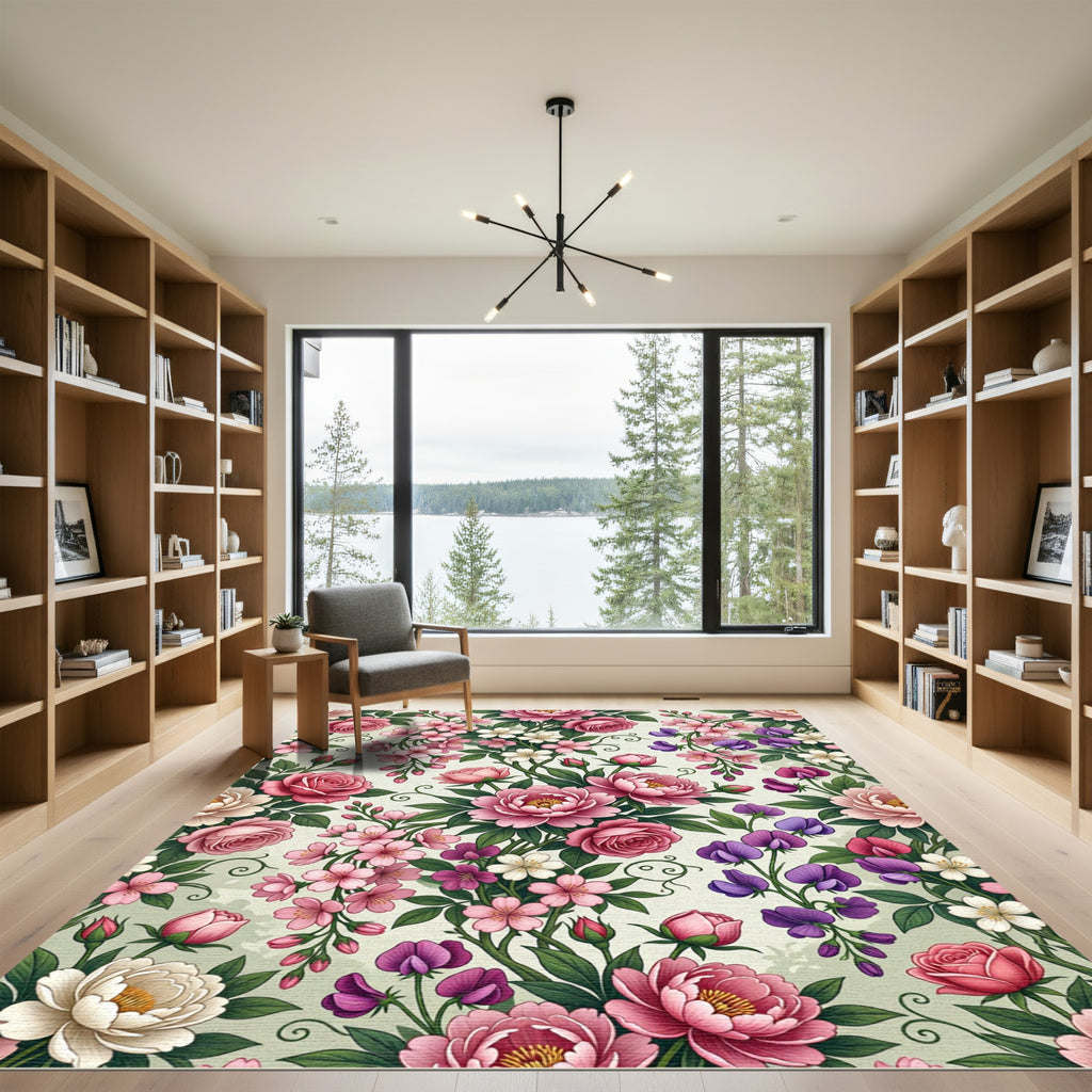 Romantic Pink Peony Blossom Floral Rug