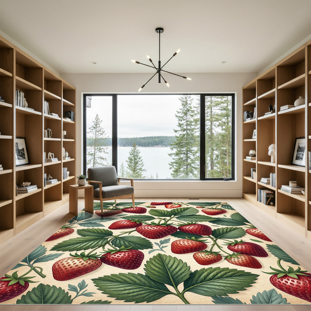 Lush Botanical Strawberry Garden Illustration Rug