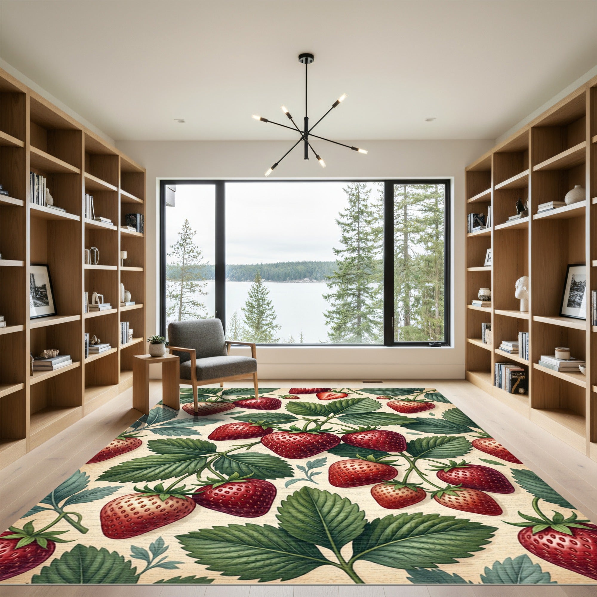 Lush Botanical Strawberry Garden Illustration Rug