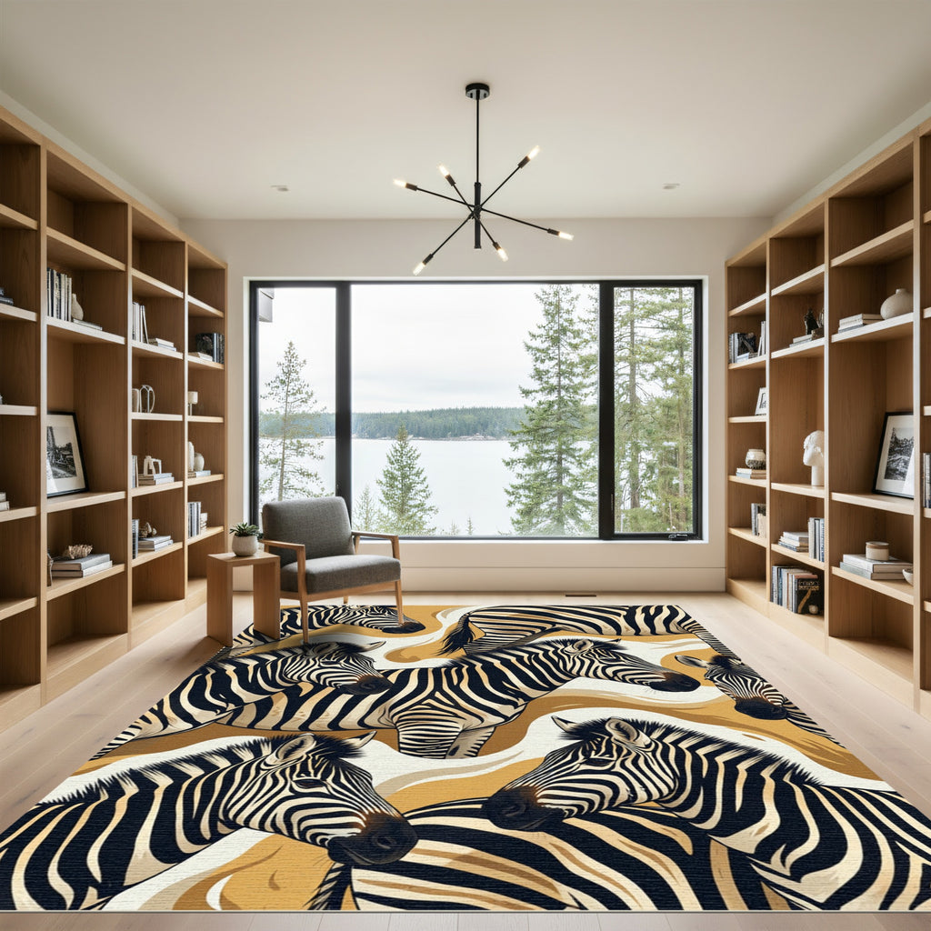 Golden Abstract Zebra Stripe Composition Rug
