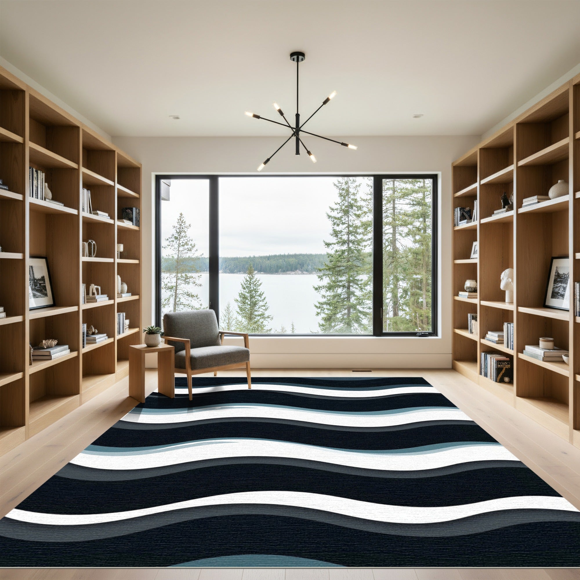 Dark Blue White Layered Wave Rug