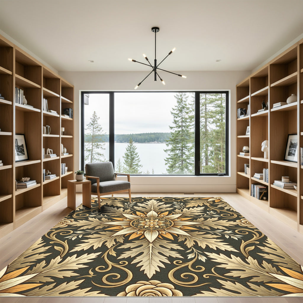 Golden Floral Acanthus Leaf Medallion Rug