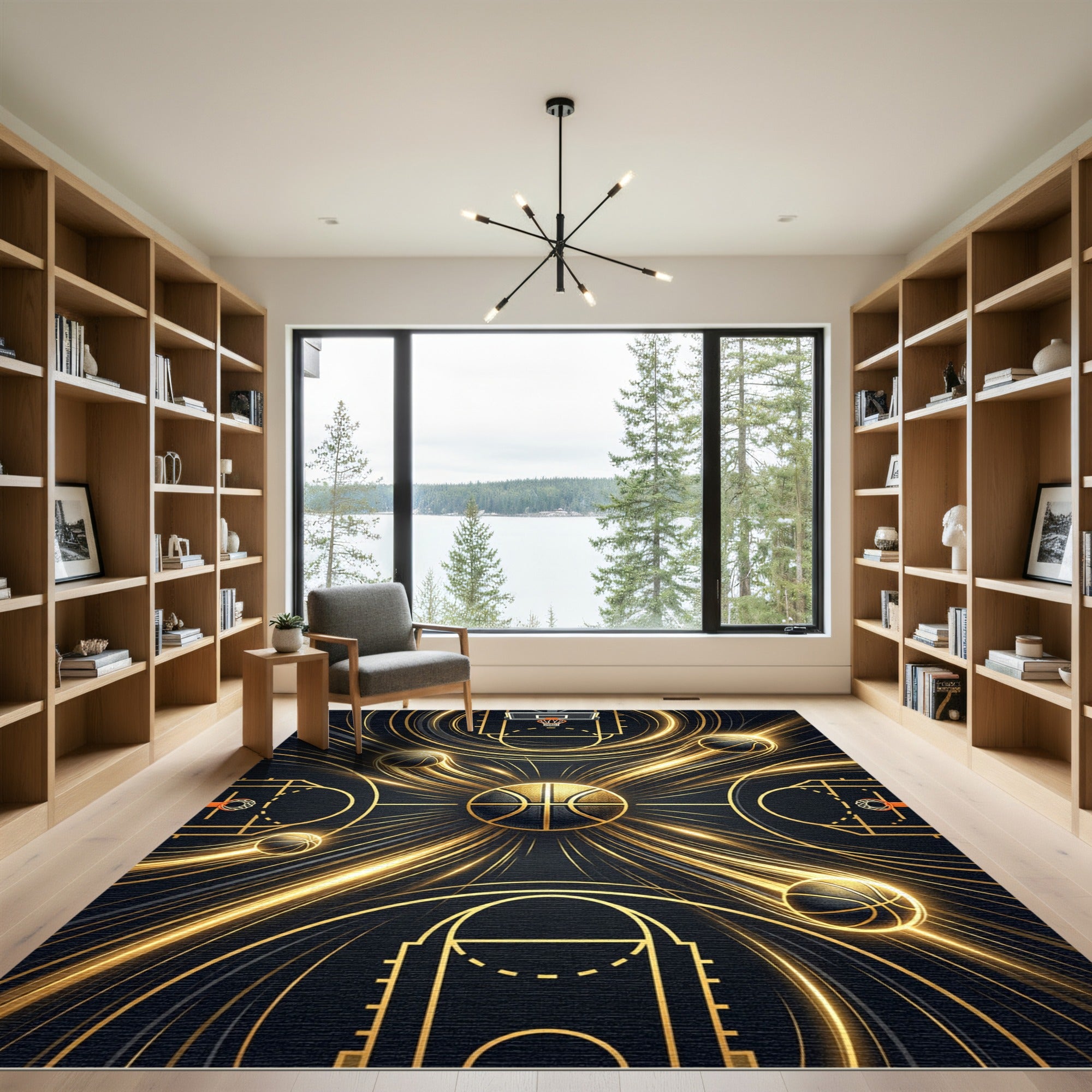 Golden Basketball Court Radiant Abstract Rug