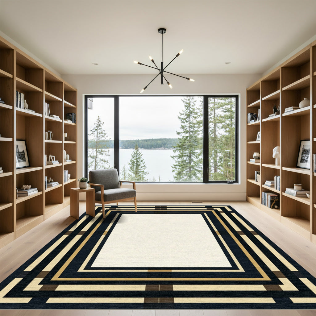 Modern Cream Black Gold Geometric Frame Rug