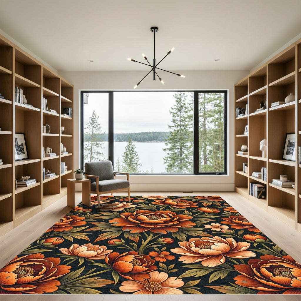 Burnt Orange Peony Botanical Arrangement Rug