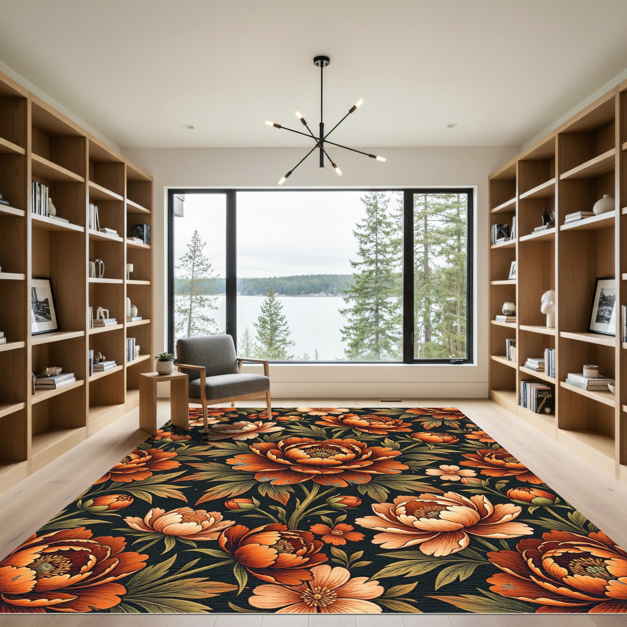 Burnt Orange Peony Botanical Arrangement Rug