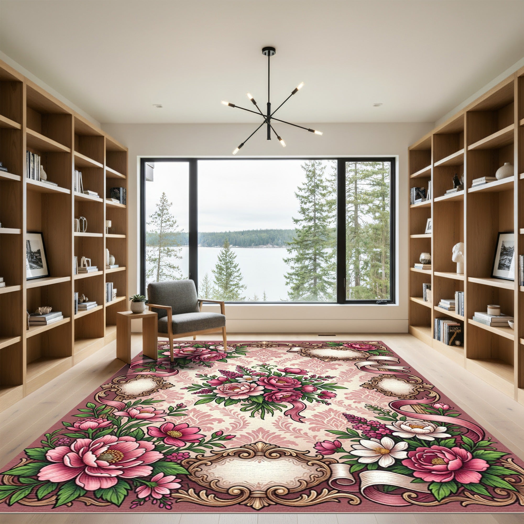 Vintage Pink Floral Damask Ribbon Frame Rug