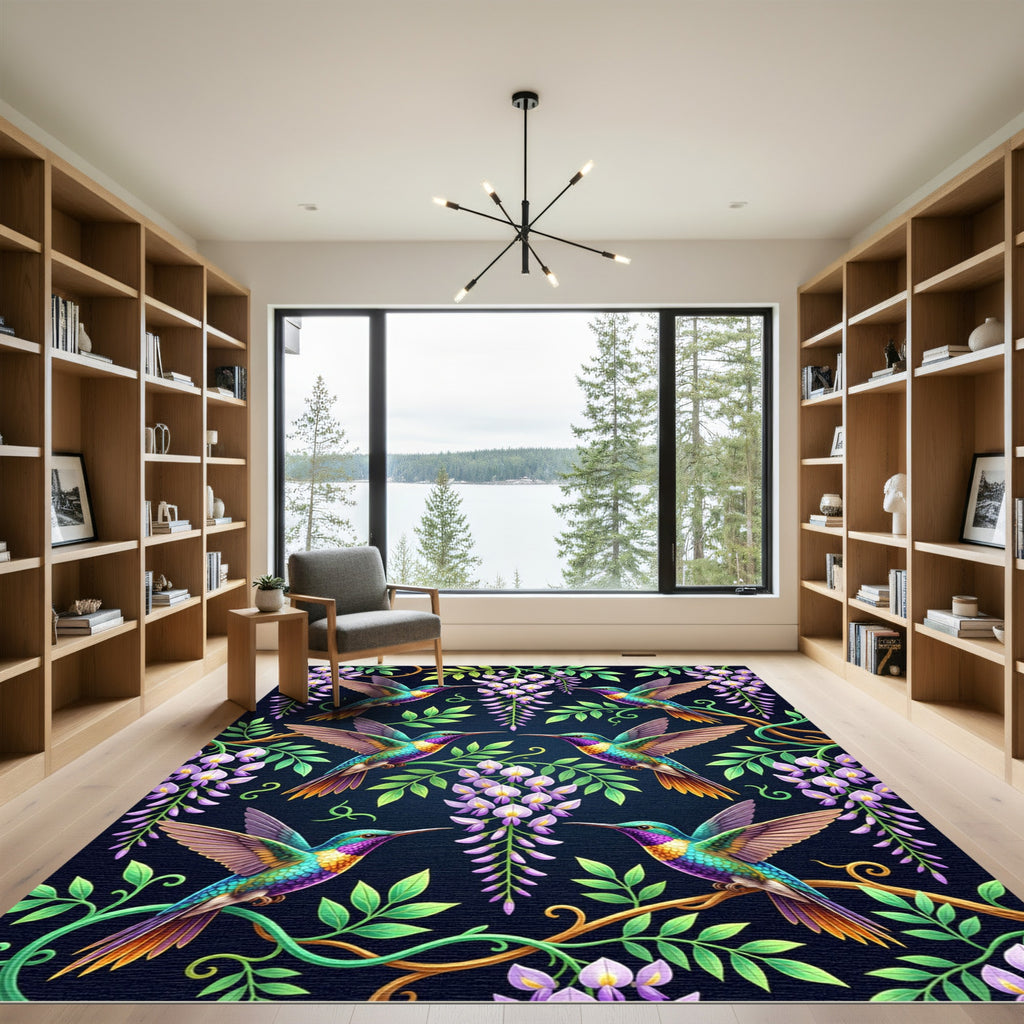 Hummingbird and Wisteria Floral Garden Art Rug