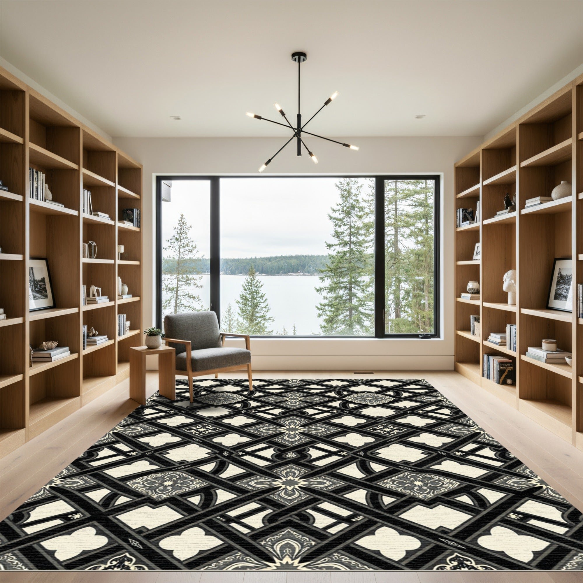 Gothic Black and Cream Lattice Tile Rug