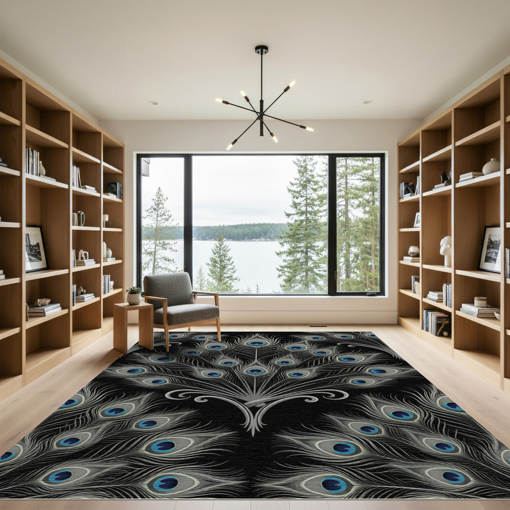 Elegant Peacock Feather Black Ornate Rug