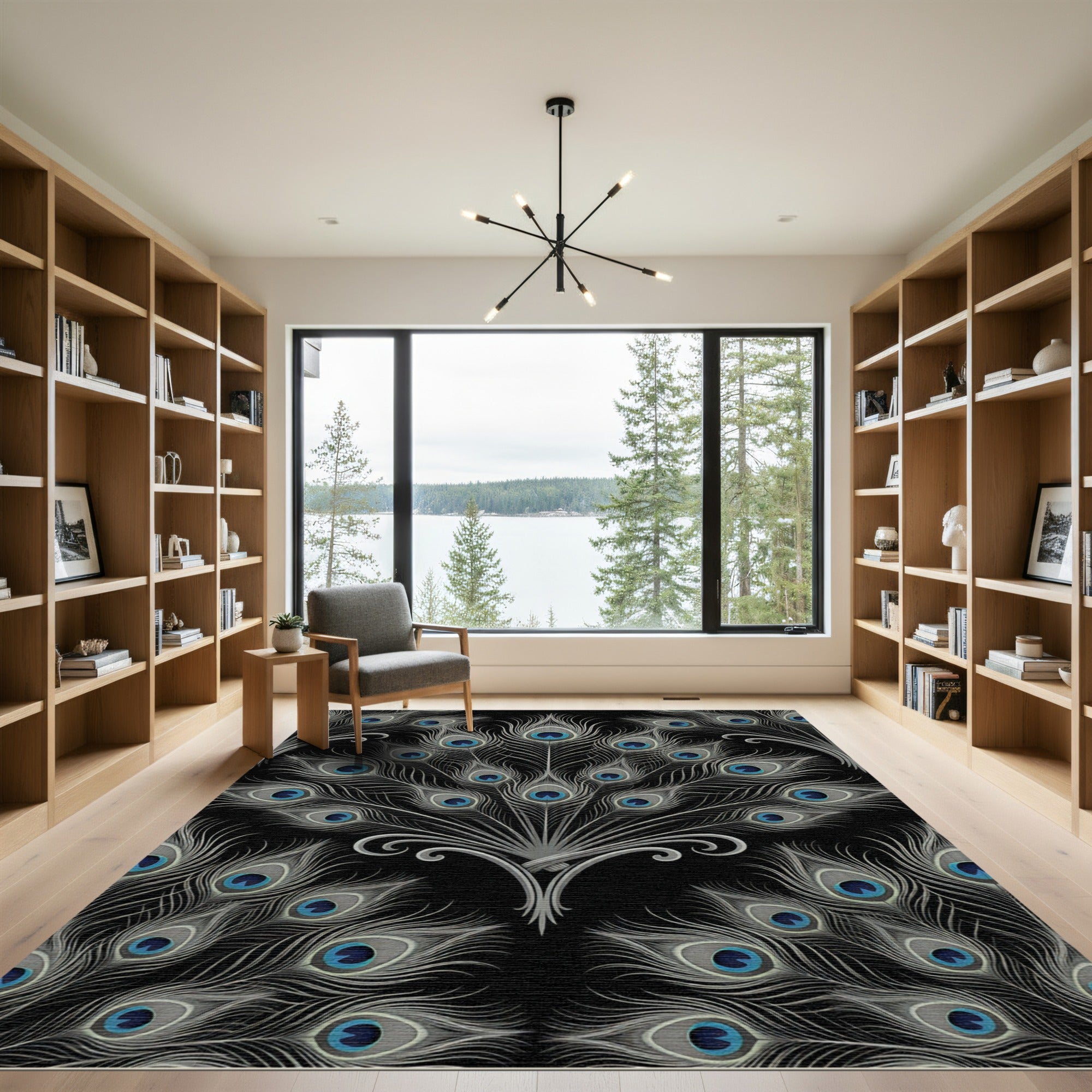 Elegant Peacock Feather Black Ornate Rug