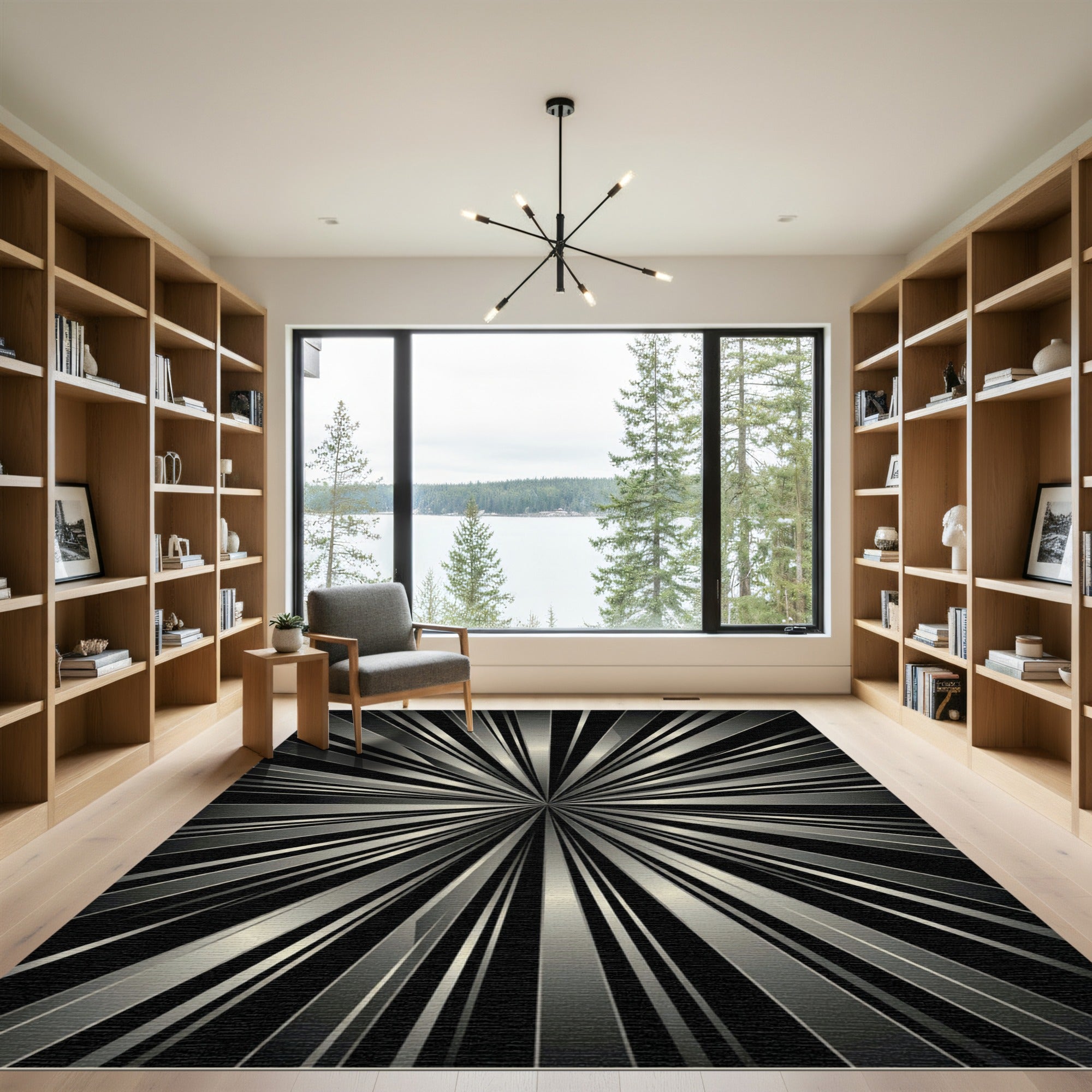 Modern Black Silver Burst Rug