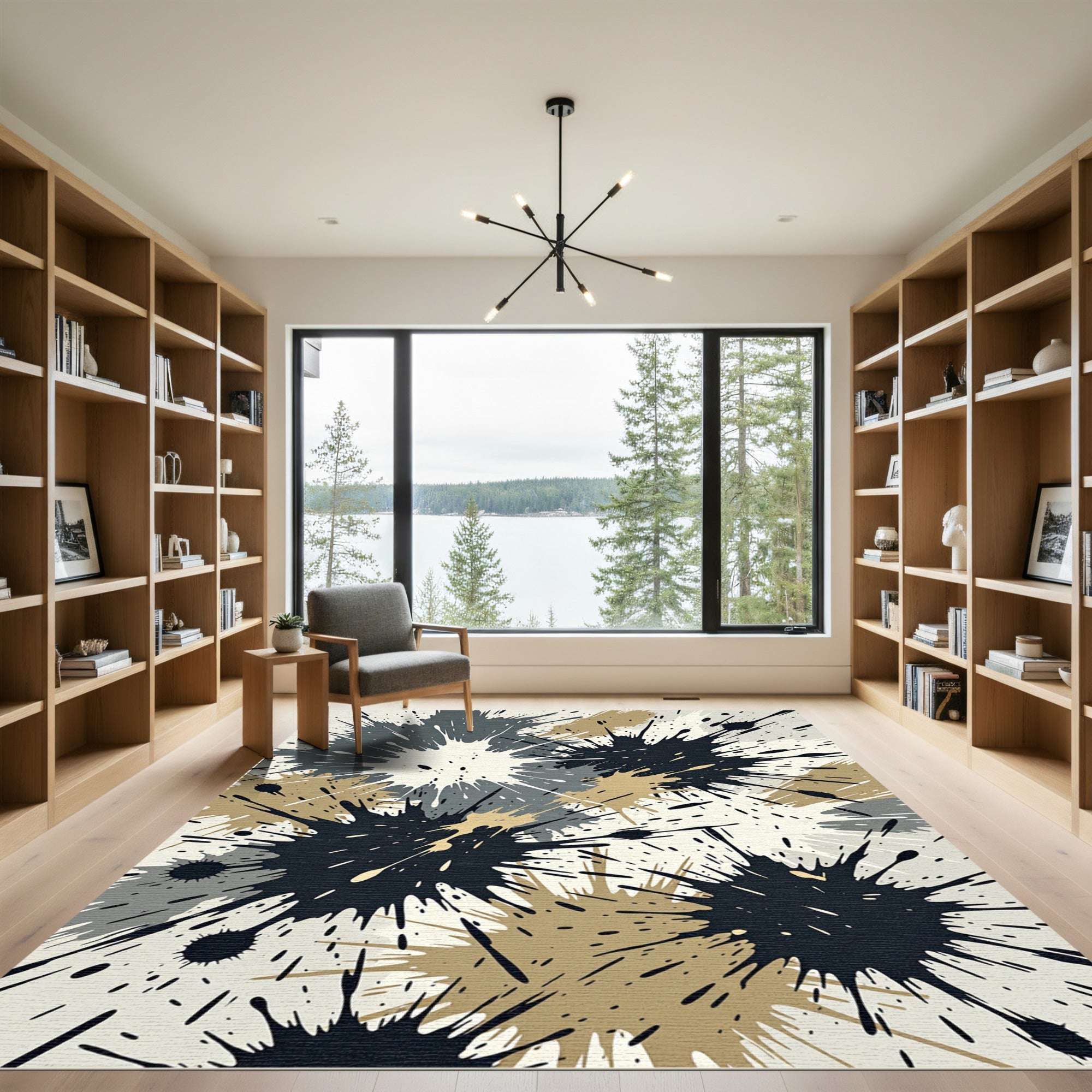Modern Black and Beige Ink Splatter Rug