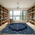 Intricate Navy Blue Floral Mandala Rug